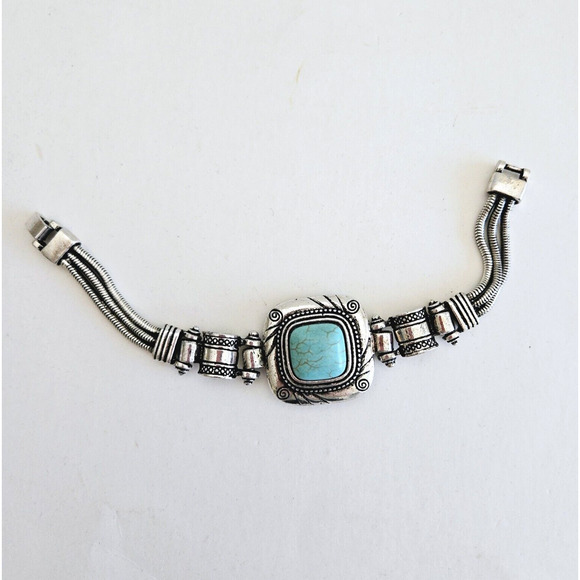 Faux Turquoise Chunky Bracelet Blue Silvertone Southwestern Aztec Boho Geometric - Picture 5 of 8